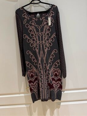 Anthropology Knit Dress with Dark Pink Floral Pattern (M) Sheer Sleeves